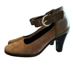 Aerosoles Heelrest Impressive Shoes 7.5Tan Brown Suede Leather Ankle Strap Heels